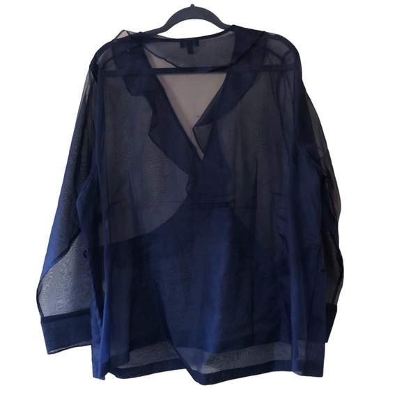 Talbots Long Sleeve Ruffle V-Neck Sheer Crepe Wrap Blouse Women's Plus 22W Blue - Picture 8 of 8